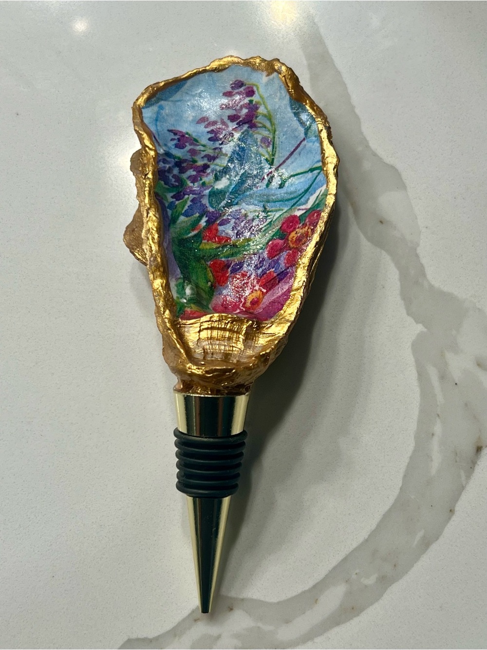 Hand-Painted Floral Gold Oyster Shell Wine Stopper - Decorative Home Accent